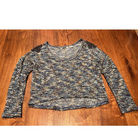 Miss Me Sweaters - Miss Me Cropped Knit Sweater Blue Gray Long Sleeve Size S‎ Beaded